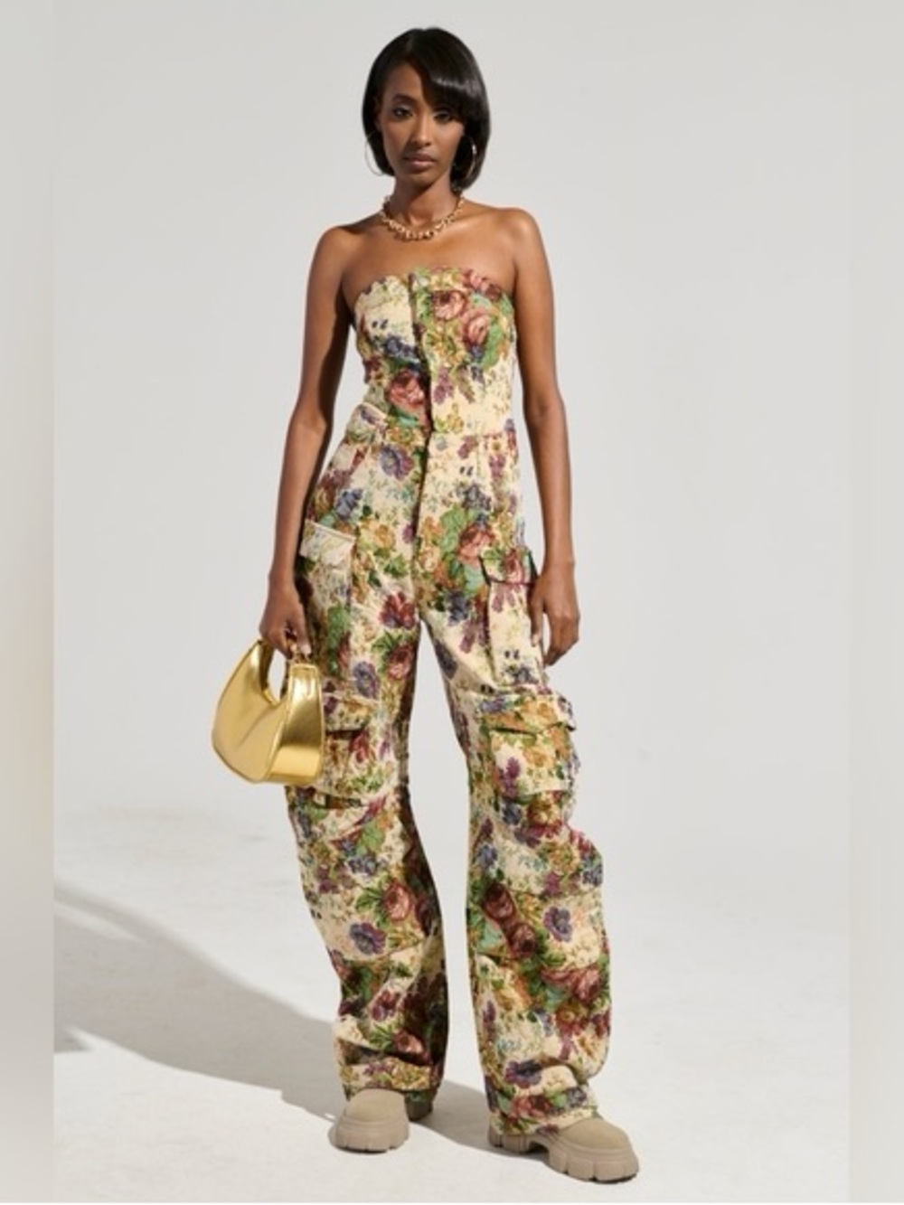 Akira Strapless Floral Cargo Jumpsuit in Multicolor - Picture 2 of 10